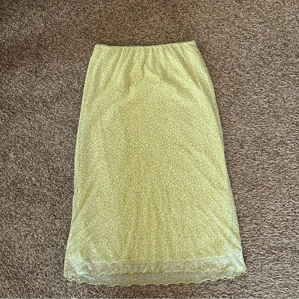 American Eagle Outfitters Lime Green Floral Lace-Trim Midi Skirt